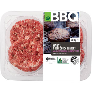3 PACK OF WW Bbq Wagyu & Beef Chuck Burgers With Onion & Pepper 500g