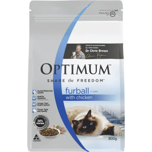 3 PACK OF Optimum Furball With Chicken 1+ Years Dry Cat Food 800g
