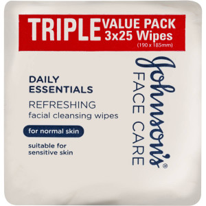 3 PACK OF Johnson's Daily Essentials Facial Cleansing Wipes Normal Skin 3 x25 pack