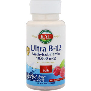 KAL, Ultra B-12 Methylcobalamin ActivMelt, Raspberry Flavor, 10,000 mcg, 30 Micro Tablets
