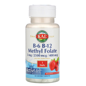 <img alt="KAL, B-6 B-12 Methyl Folate, Mixed Berry, 3 mg / 2500 mcg / 400 mcg, 60 Micro Tablets" title="KAL, B-6 B-12 Methyl Folate, Mixed Berry, 3 mg / 2500 mcg / 400 mcg, 60 Micro Tablets,021245291510"