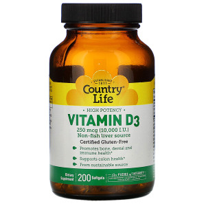 <img alt="Country Life, Vitamin D3, High Potency, 10,000 I.U., 200 Softgels" title="Country Life, Vitamin D3, High Potency, 10,000 I.U., 200 Softgels,015794058168"