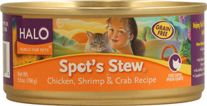 Halo Purely For Pets, Spots Stew Grain Free for Cats,  Chicken Shrimp & Crab Recipe - 5.5 oz