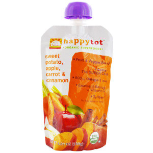 3 PACK of Happy Baby HappyTot Superfoods Stage 4 Organic Toddler Food Sweet Potato Apple Carrot and Cinnamon + Super Chia -- 4.22 oz