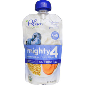 3 PACK of Plum Organics, Tots, Mighty 4, 4 Food Group Blend, Banana, Blueberry, Sweet Potato, Carrot, Greek Yogurt, Millet, 4 oz (113 g)