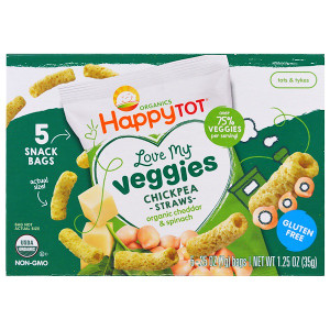 Happy Family Organics, Organics Happy Tot, Love My Veggies, Chickpea Straws Snack Bags, Organic Cheddar & Spinach, 5 Bags, 0.25 oz (7 g) Each
