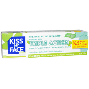 3 PACK OF Kiss My Face, Triple Action Toothpaste with Tea Tree Oil, Xylitol & Aloe, Fluoride Free, Cool Mint Gel, 4.5 oz (127.6 g)