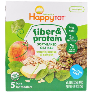3 PACK of Happy Family Organics, Happytot, Fiber & Protein Soft-Baked Oat Bar, Organic Apples & Spinach, 5 Bars, 0.88 oz (25 g) Each