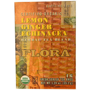 Flora, Herbal Tea Blend, Certified Organic Lemon Ginger Echinacea, Caffeine Free, 16 Tea Bags, 1.24 oz (35.2 g)