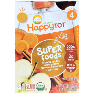 Happy Family Organics, HappyTot, SuperFoods, Organic Apples, Sweet Potato, Carrots & Cinnamon + Superchia, 4 Pouches - 4.22 oz (120 g) Each
