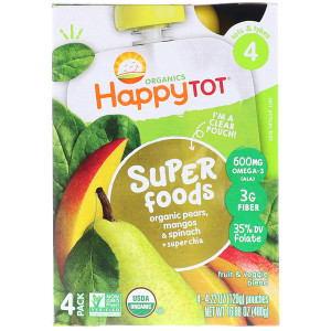 Happy Family Organics, Organic HappyTot, Super Foods, Organic Pears, Mango & Spinach + Super Chia, Stage 4, 4 Pack, 4.22 oz (120 g) Each
