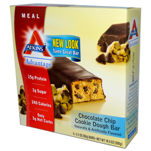 Atkins, Meal, Chocolate Chip Cookie Dough Bar, 5 Bars, 2.12 oz (60 g) Each
