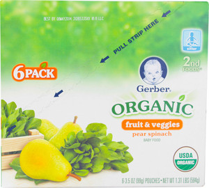 Gerber, Organic Baby Food Pouches 2nd Foods 3.5 oz,  Pear Spinach - 6 Pouches