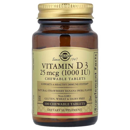 <img alt="Solgar, Vitamin D3, Natural Strawberry Banana Swirl, 25 mcg (1,000 IU), 100 Chewable Tablets" title="Solgar, Vitamin D3, Natural Strawberry Banana Swirl, 25 mcg (1,000 IU), 100 Chewable Tablets,033984549562"
