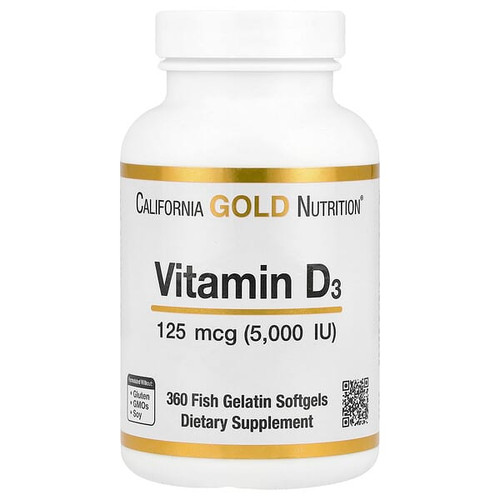 <img alt="California Gold Nutrition, Vitamin D3, 125 mcg (5,000 IU), 360 Fish Gelatin Softgels" title="California Gold Nutrition, Vitamin D3, 125 mcg (5,000 IU), 360 Fish Gelatin Softgels,898220010660"