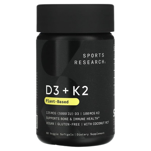<img alt="Sports Research, D3 + K2, Plant Based, 125 mcg-100 mcg, 60 Veggie Softgels" title="Sports Research, D3 + K2, Plant Based, 125 mcg-100 mcg, 60 Veggie Softgels,023249011347"