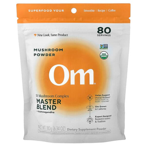 <img alt="Om Mushrooms, Mushroom Powder, 10 Mushroom Complex, Master Blend + Ashwagandha, 6.34 oz (180 g)" title="Om Mushrooms, Mushroom Powder, 10 Mushroom Complex, Master Blend + Ashwagandha, 6.34 oz (180 g),850011996218"