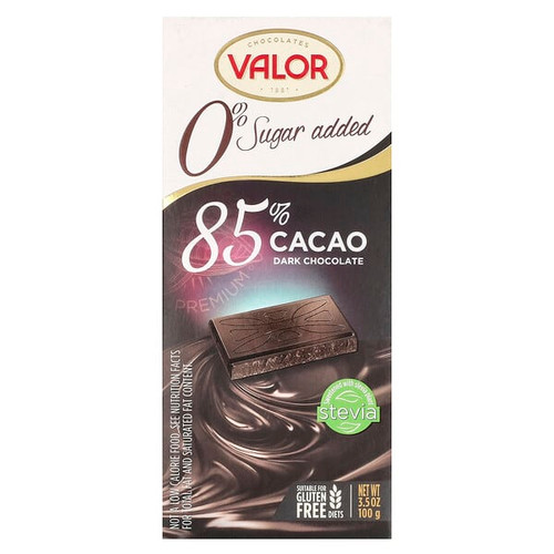 <img alt="Valor, 0% Sugar Added, Dark Chocolate, 85% Cacao, 3.5 oz (100 g)" title="Valor, 0% Sugar Added, Dark Chocolate, 85% Cacao, 3.5 oz (100 g),810975020657"