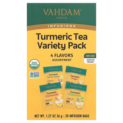 <img alt="VAHDAM India, Infusions, Herbal Tea, Turmeric Variety Pack, Caffeine Free, 20 Infusion Bags, 1.27 oz (36 g)" title="VAHDAM India, Infusions, Herbal Tea, Turmeric Variety Pack, Caffeine Free, 20 Infusion Bags, 1.27 oz (36 g),810131831905"