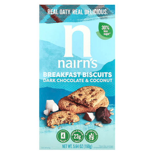 <img alt="Nairns, Breakfast Biscuits, Dark Chocolate & Coconut, 4 Packs, 5.64 oz (160 g)" title="Nairns, Breakfast Biscuits, Dark Chocolate & Coconut, 4 Packs, 5.64 oz (160 g),612322000912"