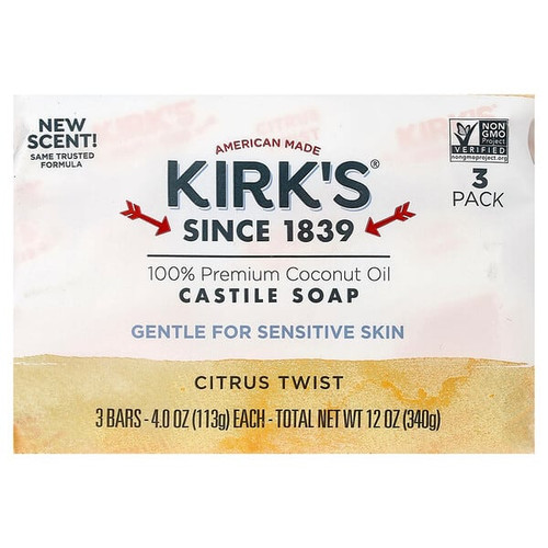 <img alt="Kirks, 100% Premium Coconut Oil Castile Bar Soap, Citrus Twist, 3 Bars, 4 oz (113 g) Each" title="Kirks, 100% Premium Coconut Oil Castile Bar Soap, Citrus Twist, 3 Bars, 4 oz (113 g) Each,639844110349"