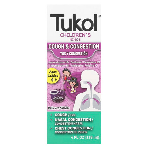 <img alt="Tukol, Childrens, Cough & Congestion, Ages 4+, Grape, 4 fl oz (118 ml)" title="Tukol, Childrens, Cough & Congestion, Ages 4+, Grape, 4 fl oz (118 ml),650066000539"