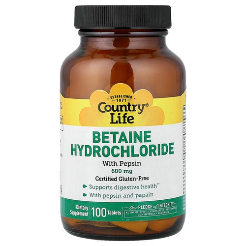 <img alt="Country Life, Betaine Hydrochloride with Pepsin, 100 Tablets" title="Country Life, Betaine Hydrochloride with Pepsin, 100 Tablets,015794051015"