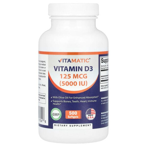 <img alt="Vitamatic, Vitamin D3, 125 mcg (5,000 IU), 500 Softgels" title="Vitamatic, Vitamin D3, 125 mcg (5,000 IU), 500 Softgels,810078473046"