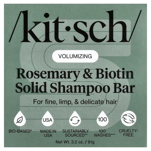 <img alt="Kitsch, Rosemary & Biotin Volumizing Solid Shampoo Bar, For Fine, Limp, & Delicate Hair, Rosemary & Biotin, 3.2 oz (91 g)" title="Kitsch, Rosemary & Biotin Volumizing Solid Shampoo Bar, For Fine, Limp, & Delicate Hair, Rosemary & Biotin, 3.2 oz (91 g),810112564945"
