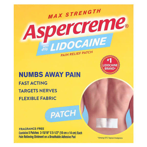<img alt="Aspercreme, Pain Relief Patch with 4% Lidocaine, Max Strength, Fragrance-Free, 5 Patches" title="Aspercreme, Pain Relief Patch with 4% Lidocaine, Max Strength, Fragrance-Free, 5 Patches,041167058404"