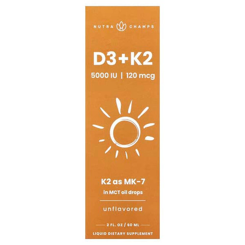 <img alt="NutraChamps, D3 + K2 Liquid Drops, Unflavored, 2 fl oz (60 ml)" title="NutraChamps, D3 + K2 Liquid Drops, Unflavored, 2 fl oz (60 ml),621983990388"