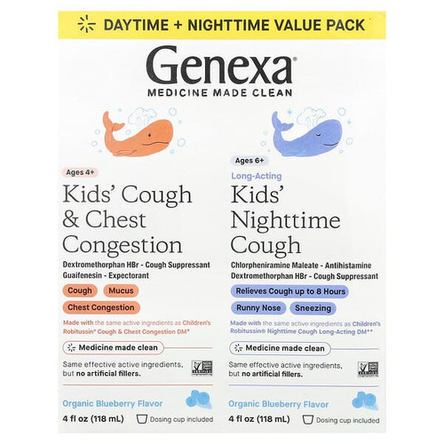 <img alt="Genexa, Kids Cough & Chest Congestion Ages 4+, Kids Nighttime Cough Ages 6+, Organic Blueberry, 2 Pack, 4 fl oz (118 ml) Each" title="Genexa, Kids Cough & Chest Congestion Ages 4+, Kids Nighttime Cough Ages 6+, Organic Blueberry, 2 Pack, 4 fl oz (118 ml) Each,850015736636"