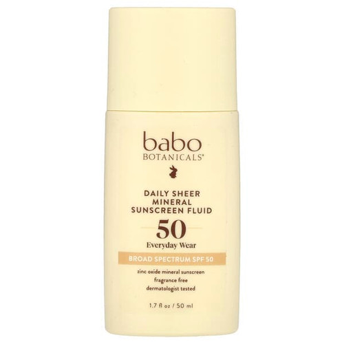 <img alt="Babo Botanicals, Daily Sheer Mineral Sunscreen Fluid, SPF 50, Fragrance Free, 1.7 fl oz (50 ml)" title="Babo Botanicals, Daily Sheer Mineral Sunscreen Fluid, SPF 50, Fragrance Free, 1.7 fl oz (50 ml),899248011769"