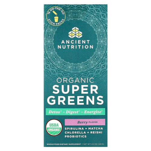 <img alt="Ancient Nutrition, Organic Super Greens, Berry, 16 On-The-Go Stick Packs, 0.3 oz (7.5 g) Each" title="Ancient Nutrition, Organic Super Greens, Berry, 16 On-The-Go Stick Packs, 0.3 oz (7.5 g) Each,816401027979"
