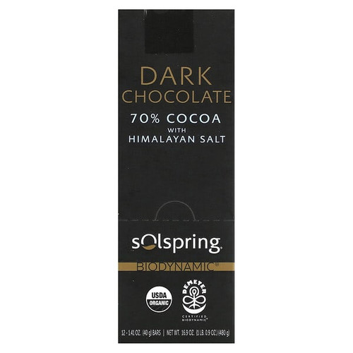 <img alt="Dr. Mercola, Solspring, Biodynamic, Dark Chocolate Bar, 70% Cocoa With Himalayan Salt, 12 Bars, 1.41 oz (40 g) Each" title="Dr. Mercola, Solspring, Biodynamic, Dark Chocolate Bar, 70% Cocoa With Himalayan Salt, 12 Bars, 1.41 oz (40 g) Each,810094211752"
