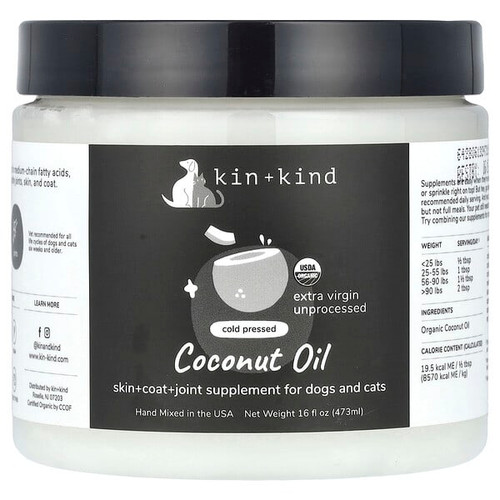 <img alt="Kin+Kind, Cold Pressed Coconut Oil, For Dogs and Cats, 16 fl oz (473 ml)" title="Kin+Kind, Cold Pressed Coconut Oil, For Dogs and Cats, 16 fl oz (473 ml),693749006442"