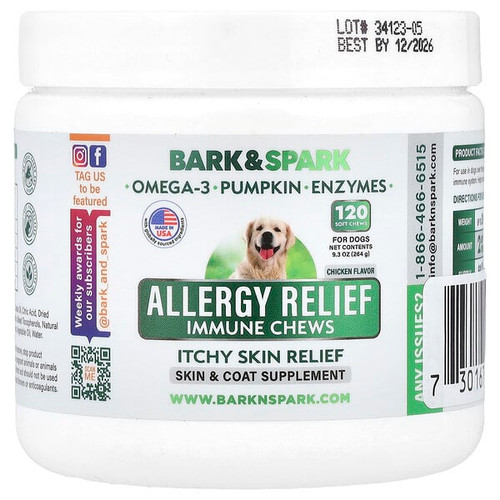 <img alt="Bark&Spark, Allergy Relief Immune Chews, Itchy Skin Relief, For Dogs, Chicken, 120 Soft Chews, 9.3 oz (264 g)" title="Bark&Spark, Allergy Relief Immune Chews, Itchy Skin Relief, For Dogs, Chicken, 120 Soft Chews, 9.3 oz (264 g),"