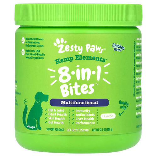 <img alt="Zesty Paws, Hemp Elements, 8-in-1 Bites, For Dogs, All Ages, Chicken, 90 Soft Chews, 12.7 oz (360 g)" title="Zesty Paws, Hemp Elements, 8-in-1 Bites, For Dogs, All Ages, Chicken, 90 Soft Chews, 12.7 oz (360 g),"