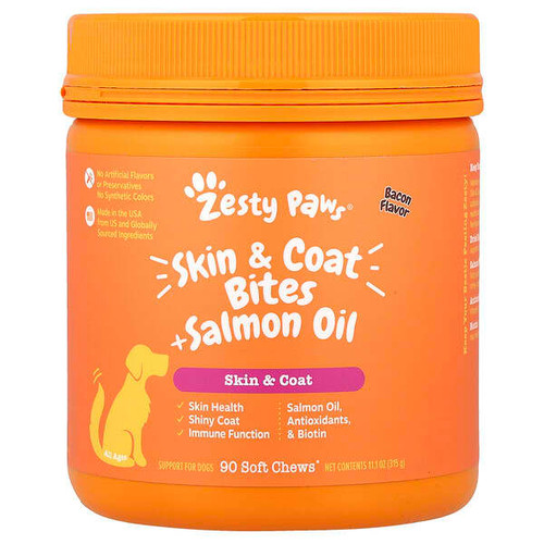 <img alt="Zesty Paws, Skin & Coat Bites + Salmon Oil, For Dogs, All Ages, Bacon, 90 Soft Chews, 11.1 oz (315 g)" title="Zesty Paws, Skin & Coat Bites + Salmon Oil, For Dogs, All Ages, Bacon, 90 Soft Chews, 11.1 oz (315 g),"