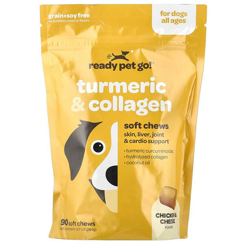 <img alt="Ready Pet Go, Turmeric & Collagen, For Dogs, All Ages, Chicken & Cheese, 90 Soft Chews, 12.7 oz (360 g)" title="Ready Pet Go, Turmeric & Collagen, For Dogs, All Ages, Chicken & Cheese, 90 Soft Chews, 12.7 oz (360 g),"