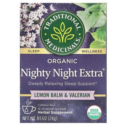 <img alt="Traditional Medicinals, Organic Nighty Night Extra, Lemon Balm & Valerian, Caffeine Free, 16 Wrapped Tea Bags, 0.85 oz (24 g)" title="Traditional Medicinals, Organic Nighty Night Extra, Lemon Balm & Valerian, Caffeine Free, 16 Wrapped Tea Bags, 0.85 oz (24 g),032917002198"