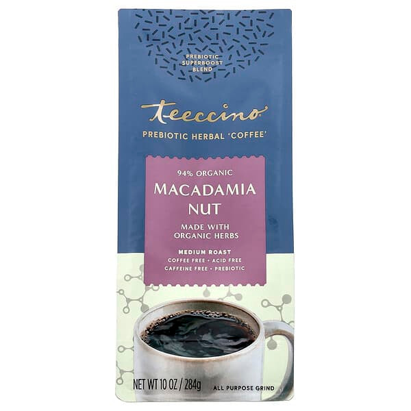 <img alt="Teeccino, Prebiotic Herbal Coffee, Macadamia Nut, Medium Roast, Caffeine Free, 10 oz (284 g)" title="Teeccino, Prebiotic Herbal Coffee, Macadamia Nut, Medium Roast, Caffeine Free, 10 oz (284 g),795239860203"
