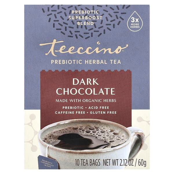 <img alt="Teeccino, Prebiotic Herbal Tea, Dark Chocolate, Caffeine Free, 10 Tea Bags, 2.12 oz (60 g)" title="Teeccino, Prebiotic Herbal Tea, Dark Chocolate, Caffeine Free, 10 Tea Bags, 2.12 oz (60 g),795239460106"
