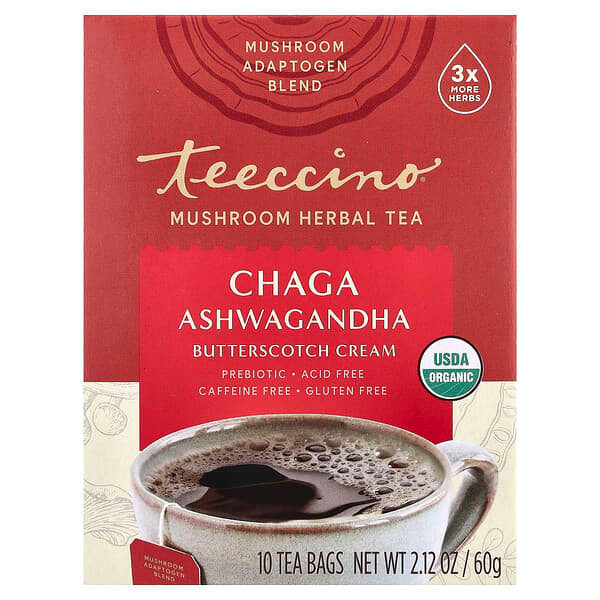<img alt="Teeccino, Organic Mushroom Herbal Tea, Chaga Ashwagandha, Butterscotch Cream, Caffeine Free, 10 Tea Bags, 2.12 oz (60 g)" title="Teeccino, Organic Mushroom Herbal Tea, Chaga Ashwagandha, Butterscotch Cream, Caffeine Free, 10 Tea Bags, 2.12 oz (60 g),795239450206"