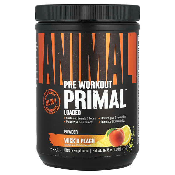 <img alt="Animal, Pre Workout Primal Powder, Wickd Peach, 1.04 lb (475 g)" title="Animal, Pre Workout Primal Powder, Wickd Peach, 1.04 lb (475 g),039442006387"