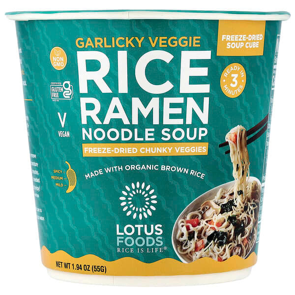 <img alt="Lotus Foods, Rice Ramen Noodle Soup, Garlicky Veggie, 1.94 oz (55 g)" title="Lotus Foods, Rice Ramen Noodle Soup, Garlicky Veggie, 1.94 oz (55 g),708953651057"