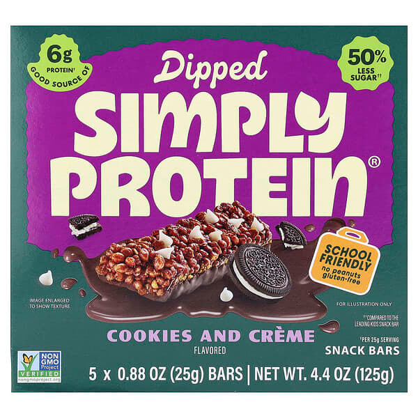 <img alt="Simply Protein, Dipped Snack Bars, Cookies & Creme, 5 Bars, 0.88 oz (25 g) Each" title="Simply Protein, Dipped Snack Bars, Cookies & Creme, 5 Bars, 0.88 oz (25 g) Each,686207401248"