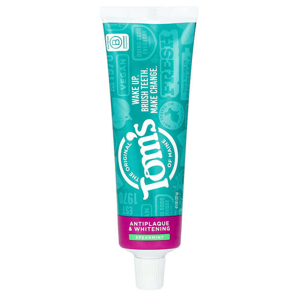 <img alt="Toms of Maine, Antiplaque & Whitening Toothpaste, Fluoride Free, Spearmint , 4.5 oz (127 g)" title="Toms of Maine, Antiplaque & Whitening Toothpaste, Fluoride Free, Spearmint , 4.5 oz (127 g),827854011606"