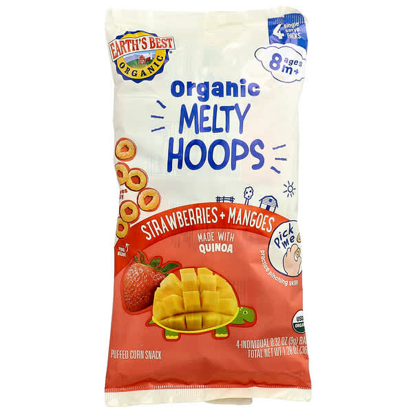 <img alt="Earths Best, Organic Melty Hoops, Puffed Corn Snack, 8+ Months, Strawberries + Mangoes, 4 Single Serve Packs, 0.32 oz (9 g) Each" title="Earths Best, Organic Melty Hoops, Puffed Corn Snack, 8+ Months, Strawberries + Mangoes, 4 Single Serve Packs, 0.32 oz (9 g) Each,023923708877"