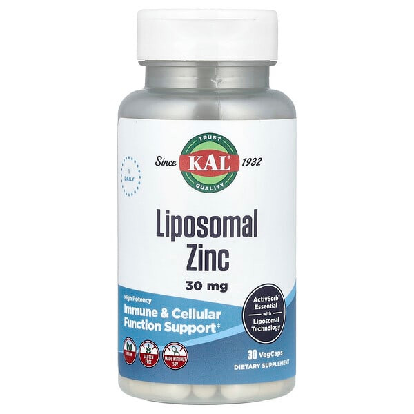 <img alt="KAL, Liposomal Zinc, High Potency, 30 mg, 30 VegCaps" title="KAL, Liposomal Zinc, High Potency, 30 mg, 30 VegCaps,021245203902"